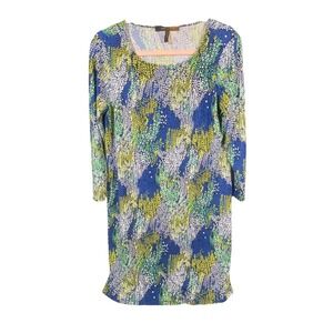 BCBGMAXAZRIA Shift‎ Dress Medium Midi Blue Print Stretch Pullover Summer Artsy